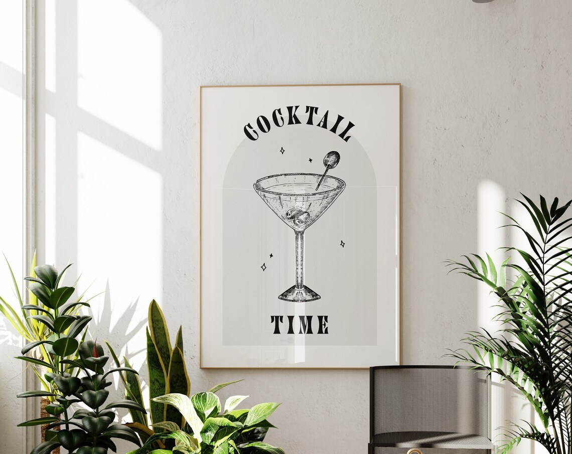 Cocktail Time Martini Glass Vintage Bar Cart Kitchen Decor Poster