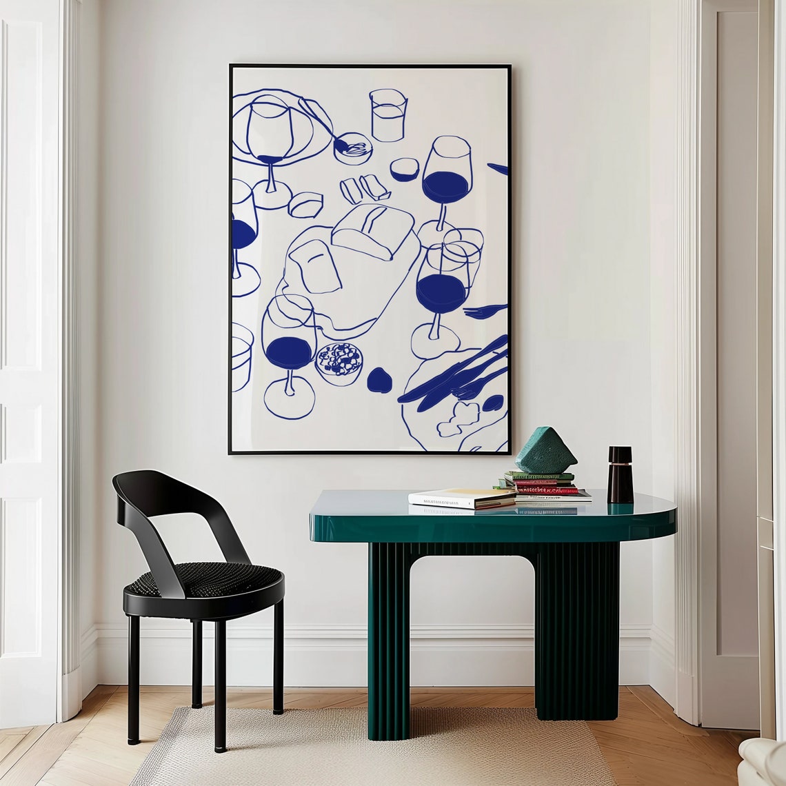 Wine Glasses Dinner Party Blue Line Drawing Kitchen Dining Poster - Image 2