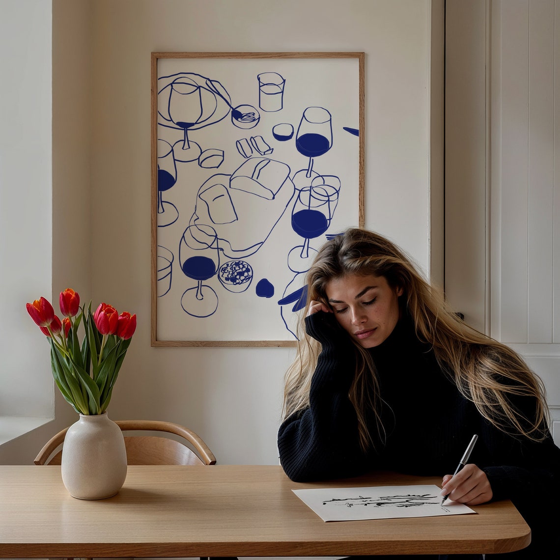 Wine Glasses Dinner Party Blue Line Drawing Kitchen Dining Poster