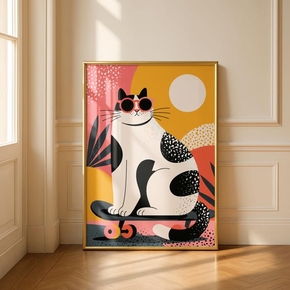 Skateboarding Cat Print Funny Poster Modern Wall Art Cool Minimalist Illustration Mid Century Lover Gift