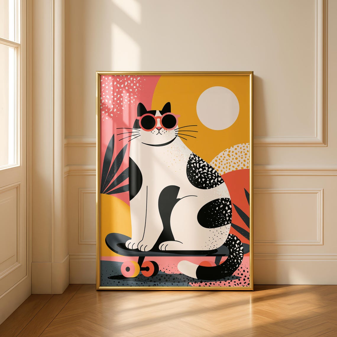 Skateboarding Cat Print Funny Poster Modern Wall Art Cool Minimalist Illustration Mid Century Lover Gift
