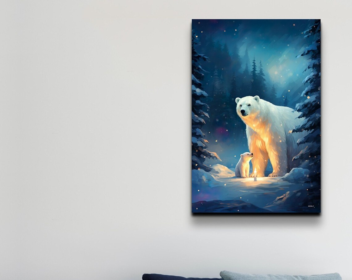 Polar Bear Mother Cub Snowy Night Forest Candlelight Art Poster