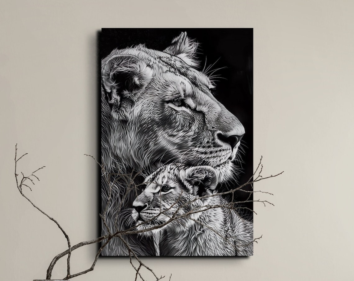 Black and White Lioness and Cub in Profile Beside Branches Poster