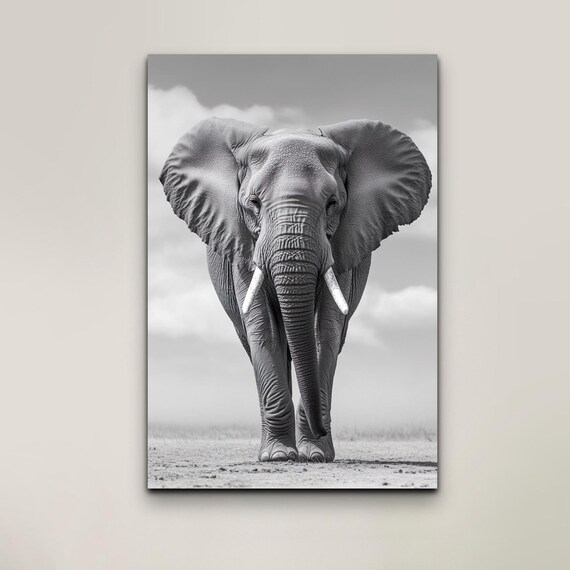 African Elephant Walking Toward Camera Black and White Wildlife Poster