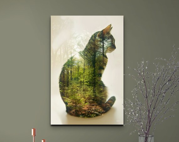 Cat and Forest Double Exposure Green Nature Silhouette Poster