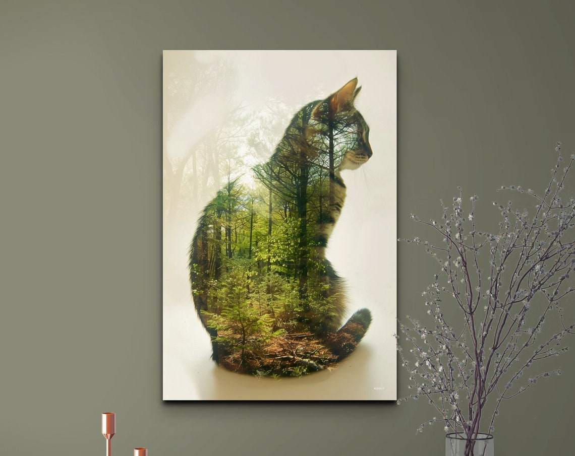 Cat and Forest Double Exposure Green Nature Silhouette Poster