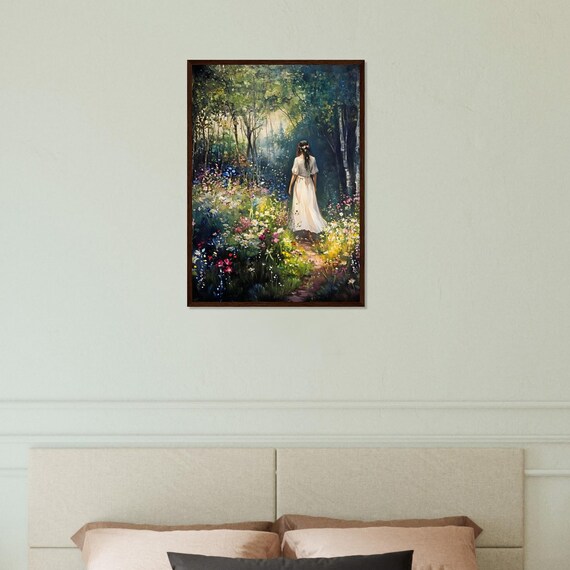 Woman in White Dress Walking Wildflower Forest Path Art Poster