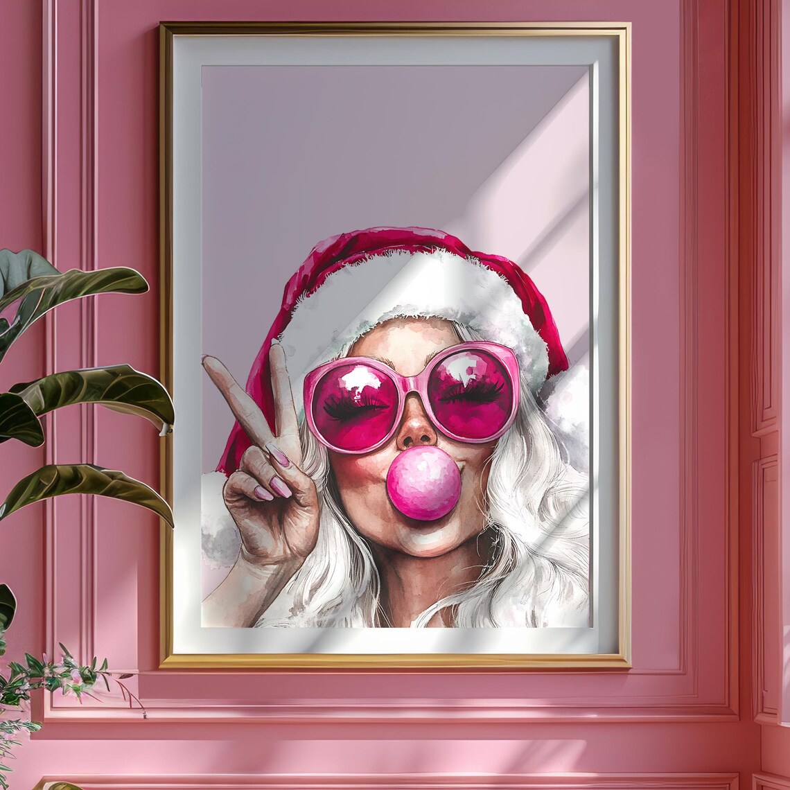 Pink Mrs Claus Watercolor Bubblegum Glam Peace Sign Christmas Poster