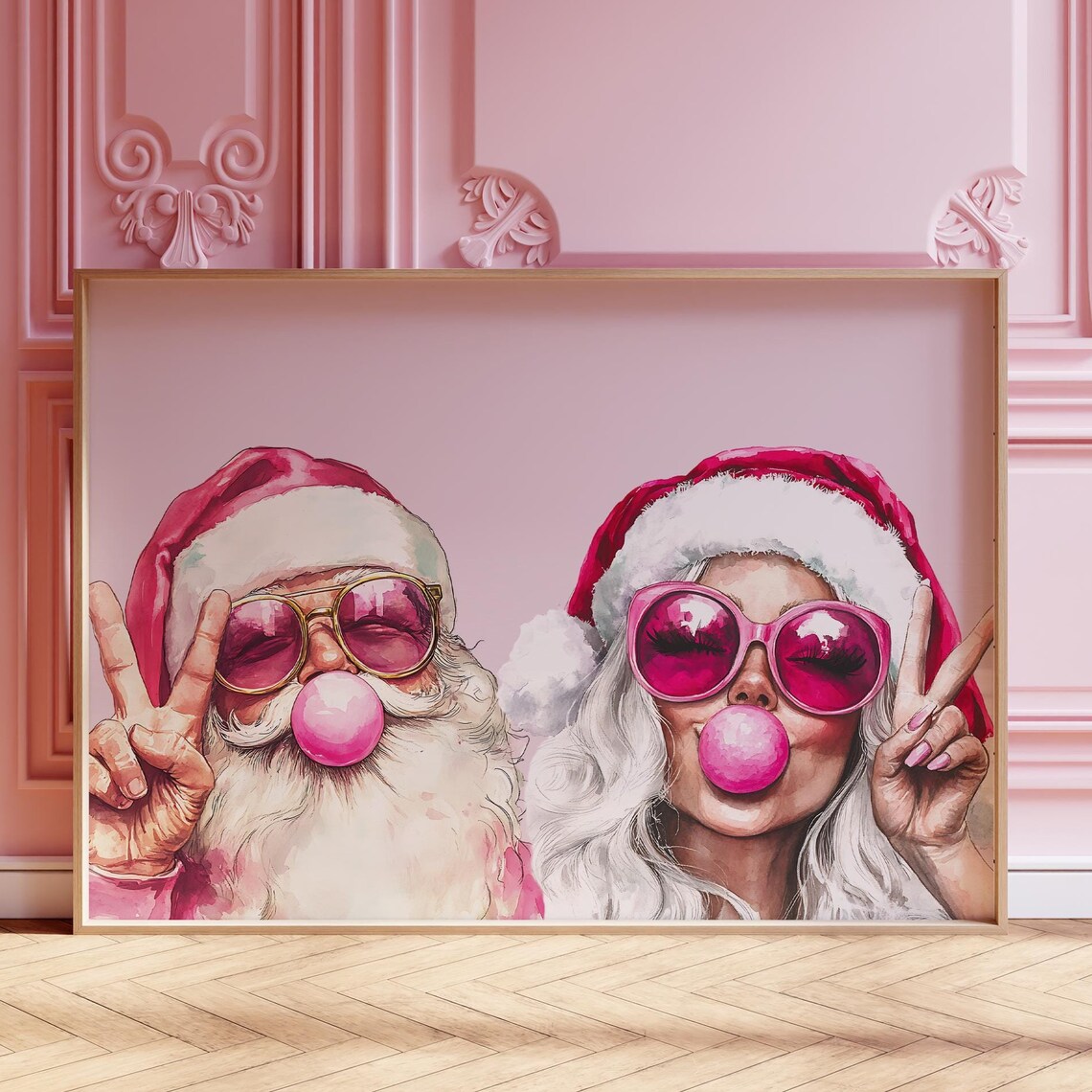 Mr And Mrs Claus Bubblegum Peace Sign Pink Christmas Couple Poster