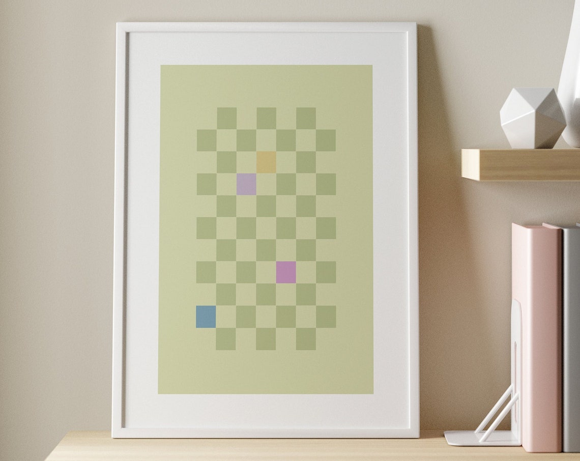 Serene Sage Green Checkerboard Minimalist Retro Squares Art Poster