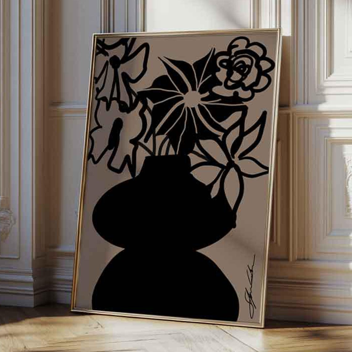 Black Vase with Line Art Flowers Minimalist Abstract Floral Print