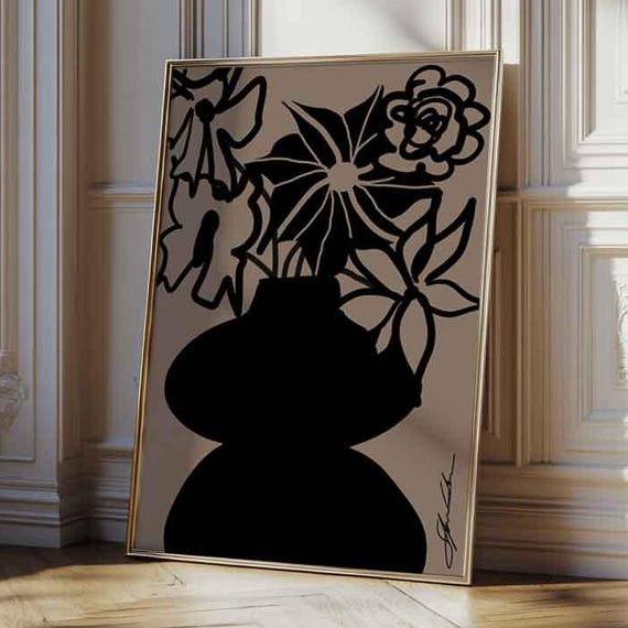 Abstract Vase Print Retro Wall Decor Mcm Art Flower Poster Minimalist Black And Brown Dark Academia Gallery