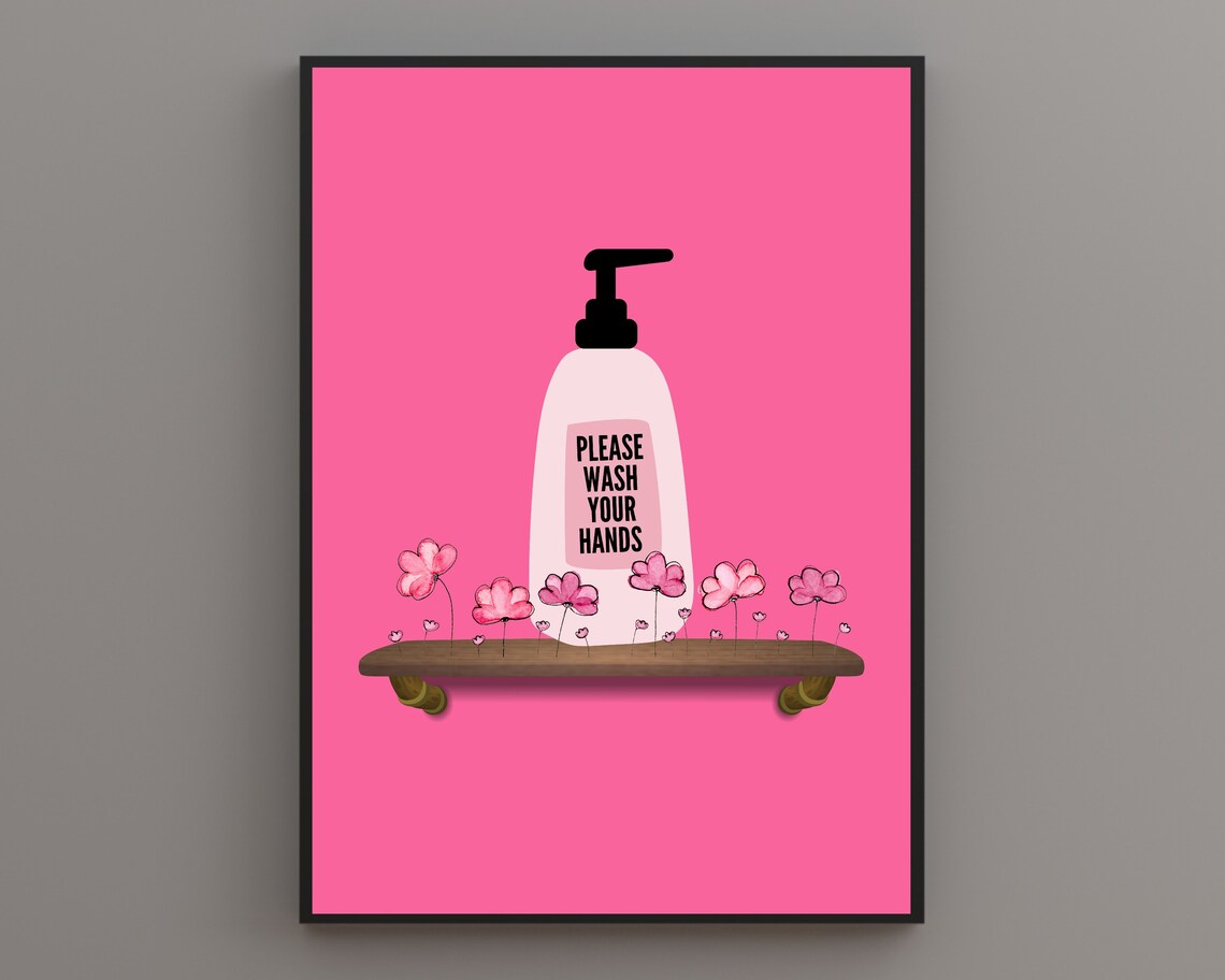Please Wash Your Hands Soap Bottle Pink Floral Bathroom Print