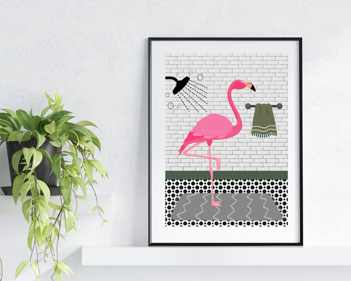 Pink Flamingo Showering In A White Brick Bathroom Animal Print - Image 3