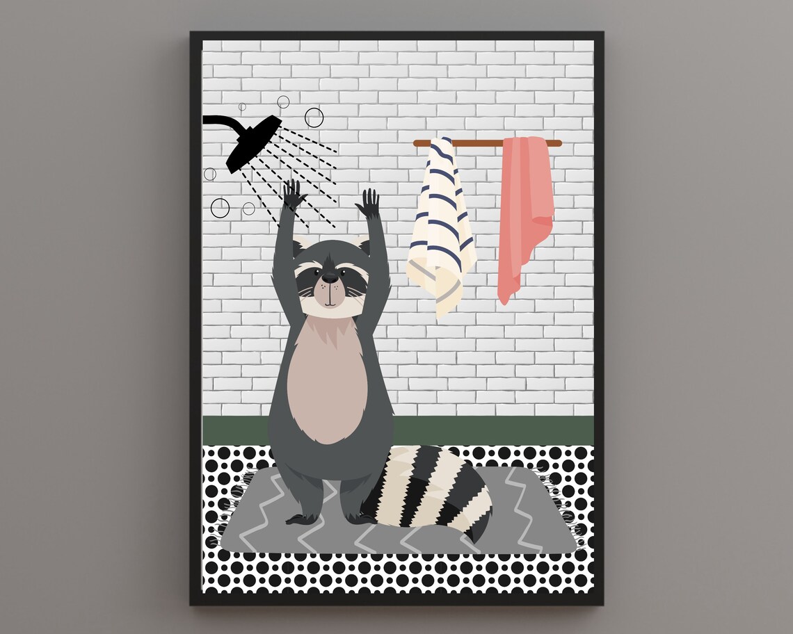 Racoon In The Shower Racoon In The Bathroom Print Animal In Bathroom White Bathroom Print Wild Animal In Shower Funny Animal Print