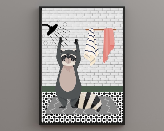 Racoon In The Shower Racoon In The Bathroom Print Animal In Bathroom White Bathroom Print Wild Animal In Shower Funny Animal Print