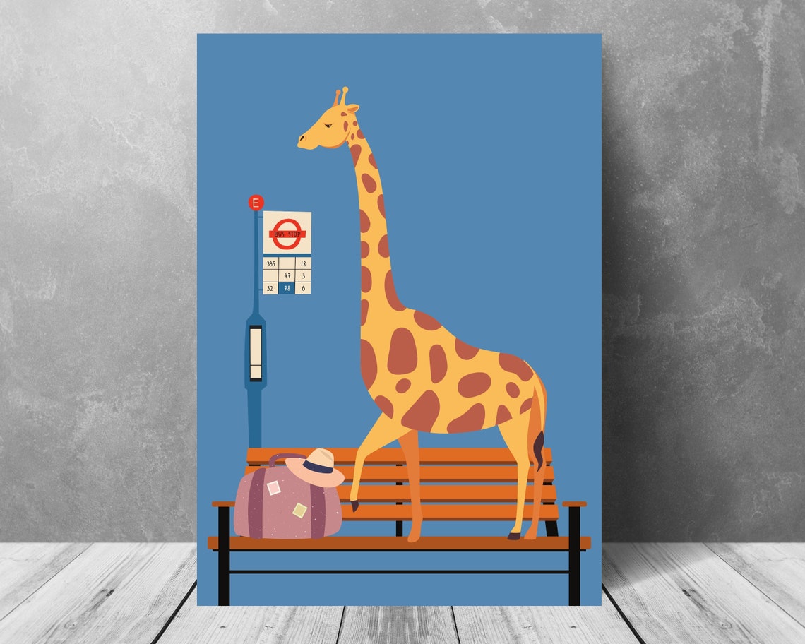 Giraffe Waiting At Bus Stop With Suitcase On Blue Background Poster - Image 2