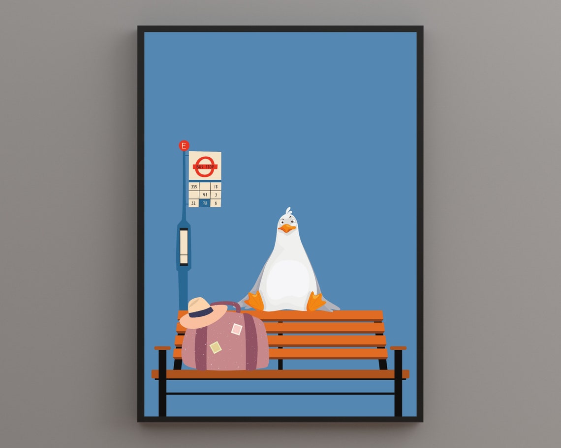 Seagull Waiting At Bus Stop With Suitcase Funny Bird Travel Poster