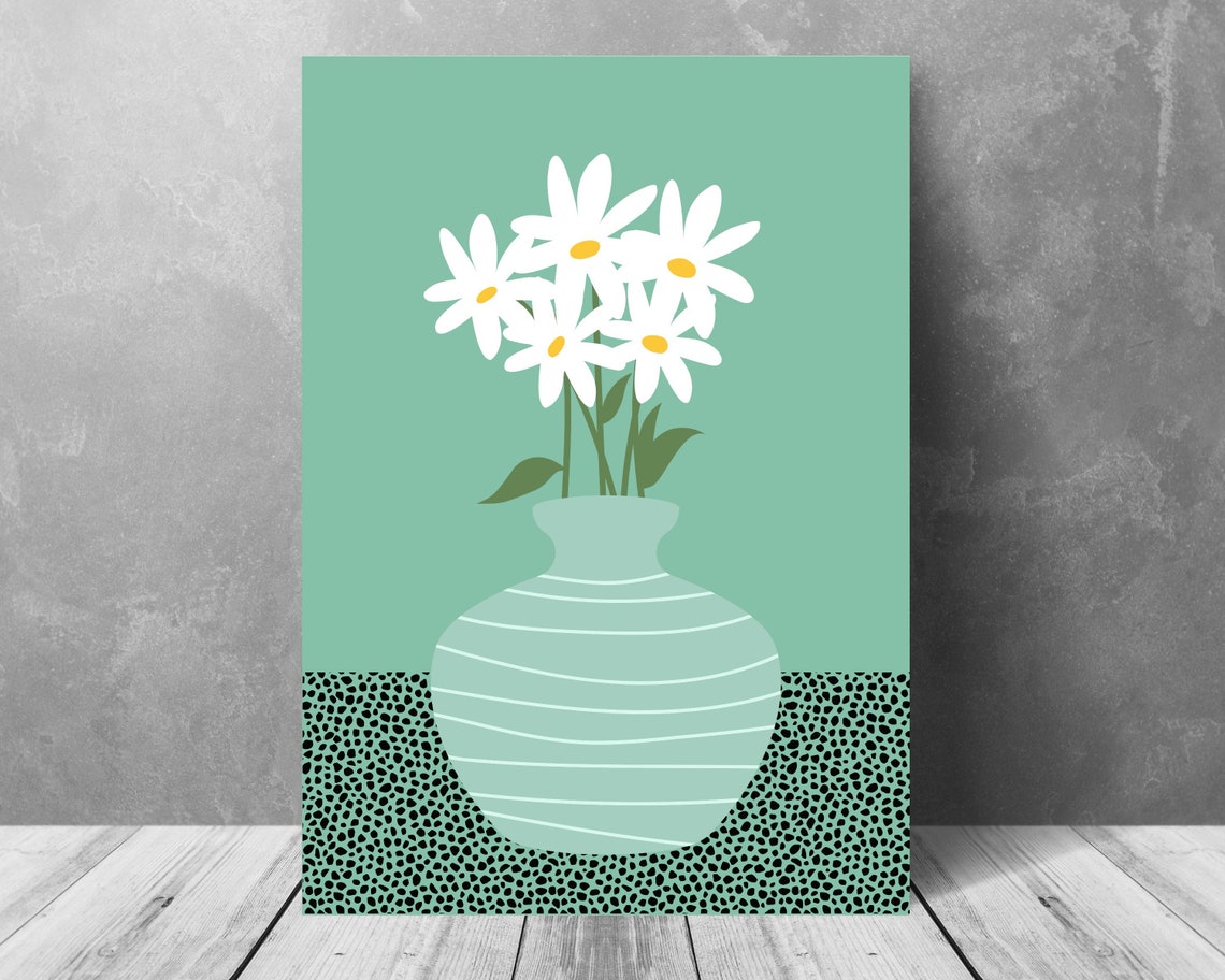 White Daisies In A Pale Striped Mint Green Vase Botanical Poster - Image 3