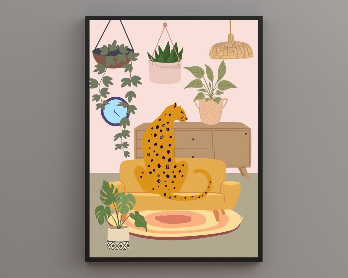 Cheetah Sitting on Mustard Sofa Funny Spotted Big Cat Animal Poster