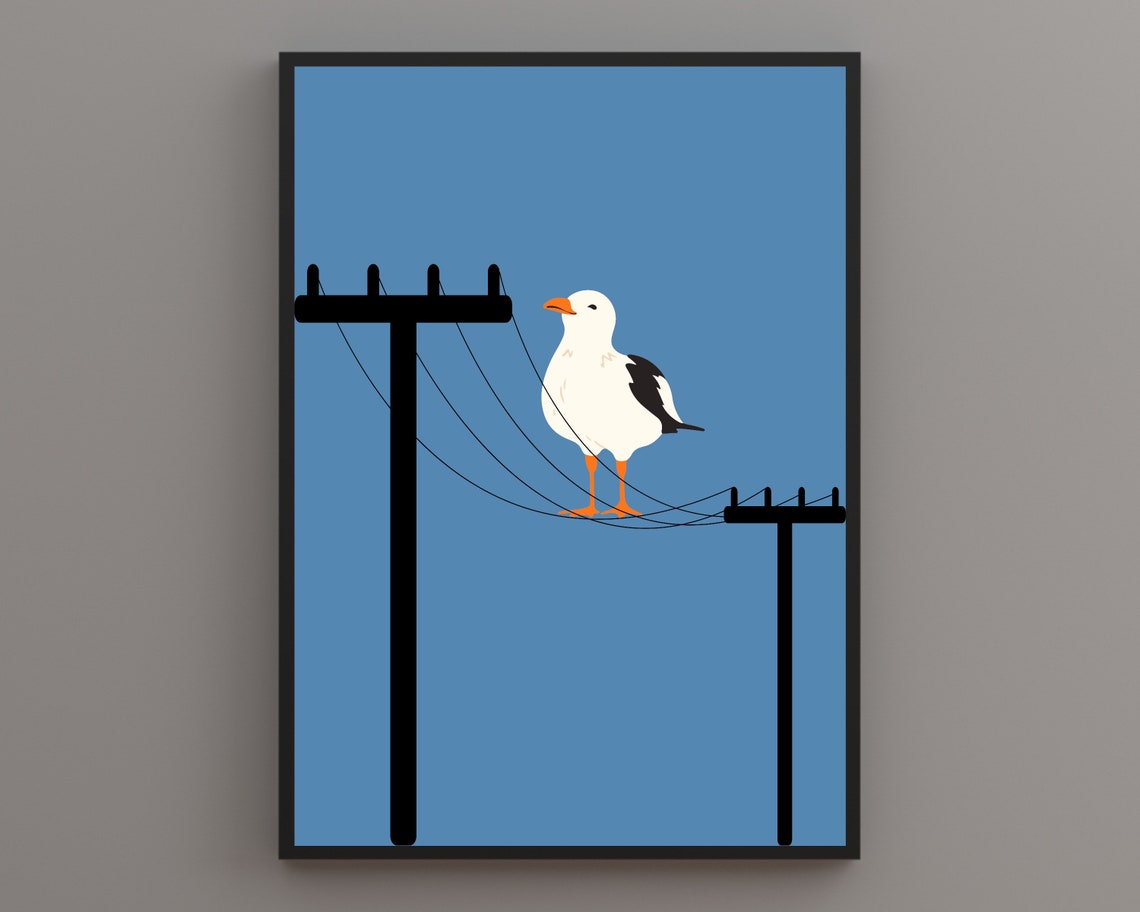 Seagull Perched on Telephone Wires Against a Calm Blue Sky Poster