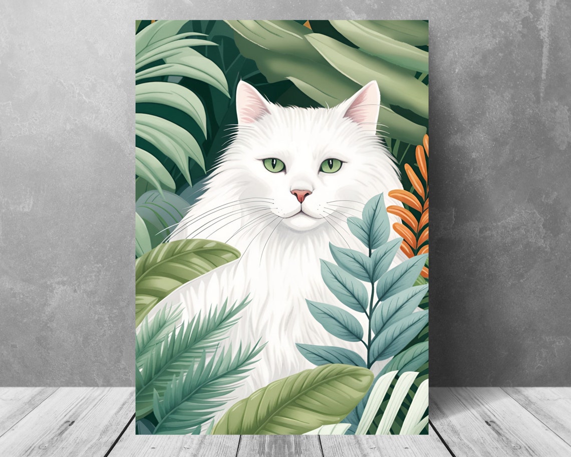 Fluffy White Longhair Cat With Striking Green Eyes in Leaves Poster - Image 3