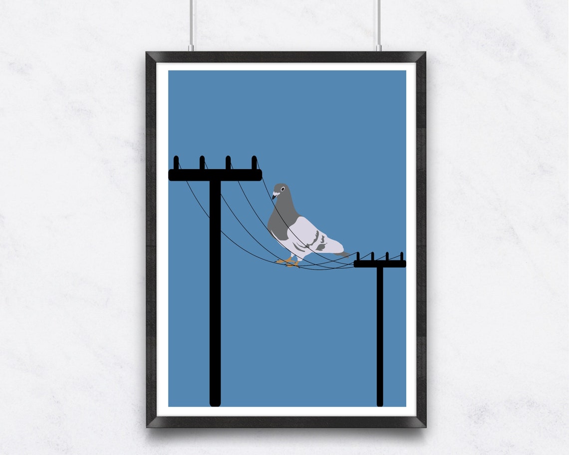 Pigeon Resting on Telephone Wires Against a Calm Blue Sky Poster - Image 2