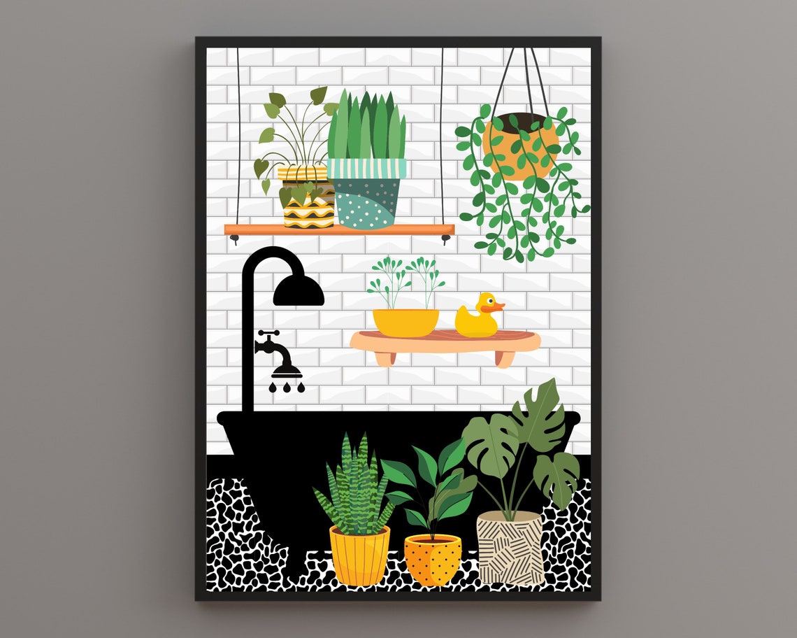 Black Bathtub Scene With Plant Shelves And A Rubber Duck Poster