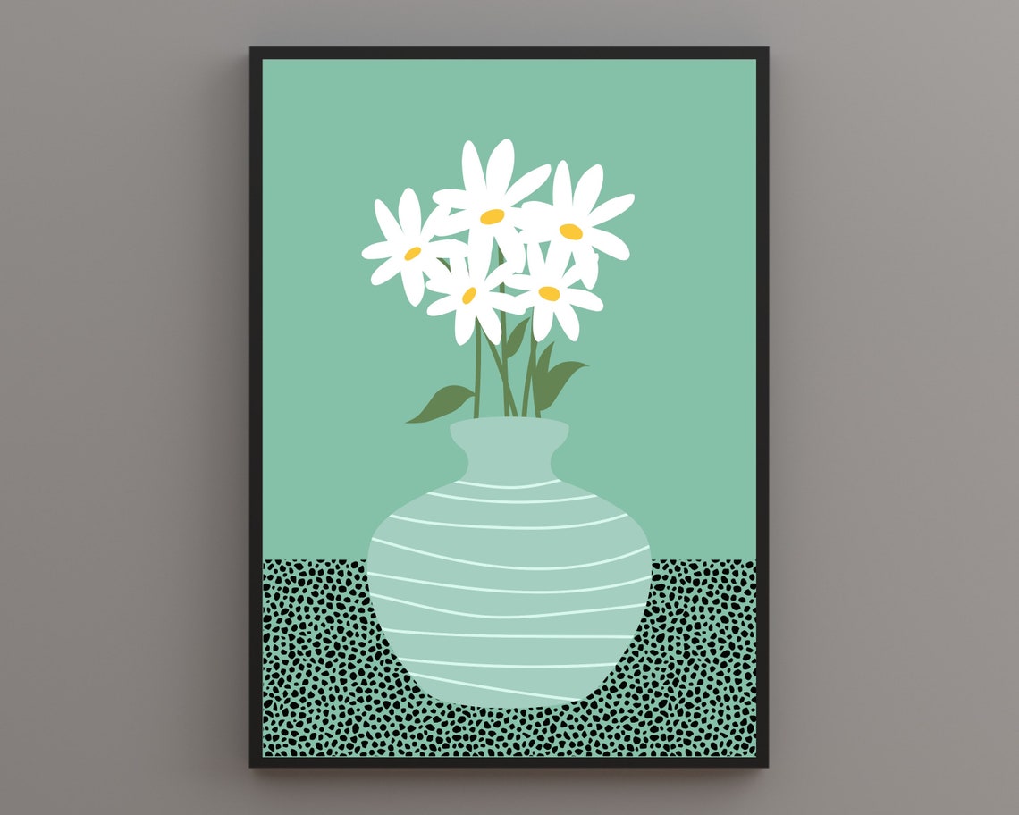 White Daisies In A Pale Striped Mint Green Vase Botanical Poster