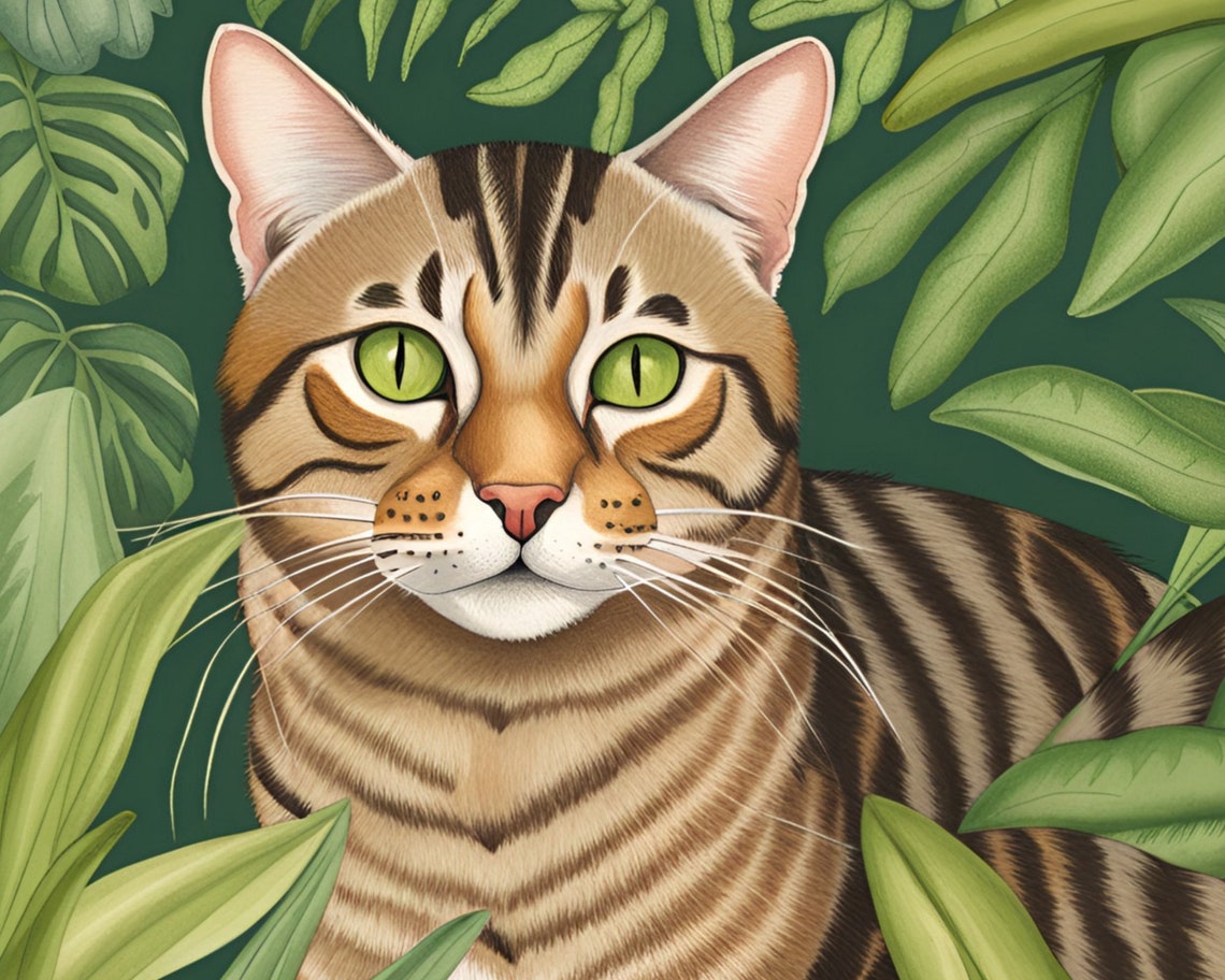 Striped Tabby Cat With Vivid Green Eyes in Jungle Leaves Poster - Image 2