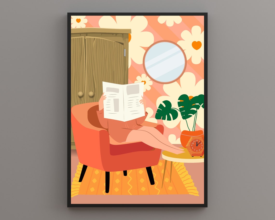 Woman Reading Newspaper on Orange Sofa Retro Floral Wall Poster