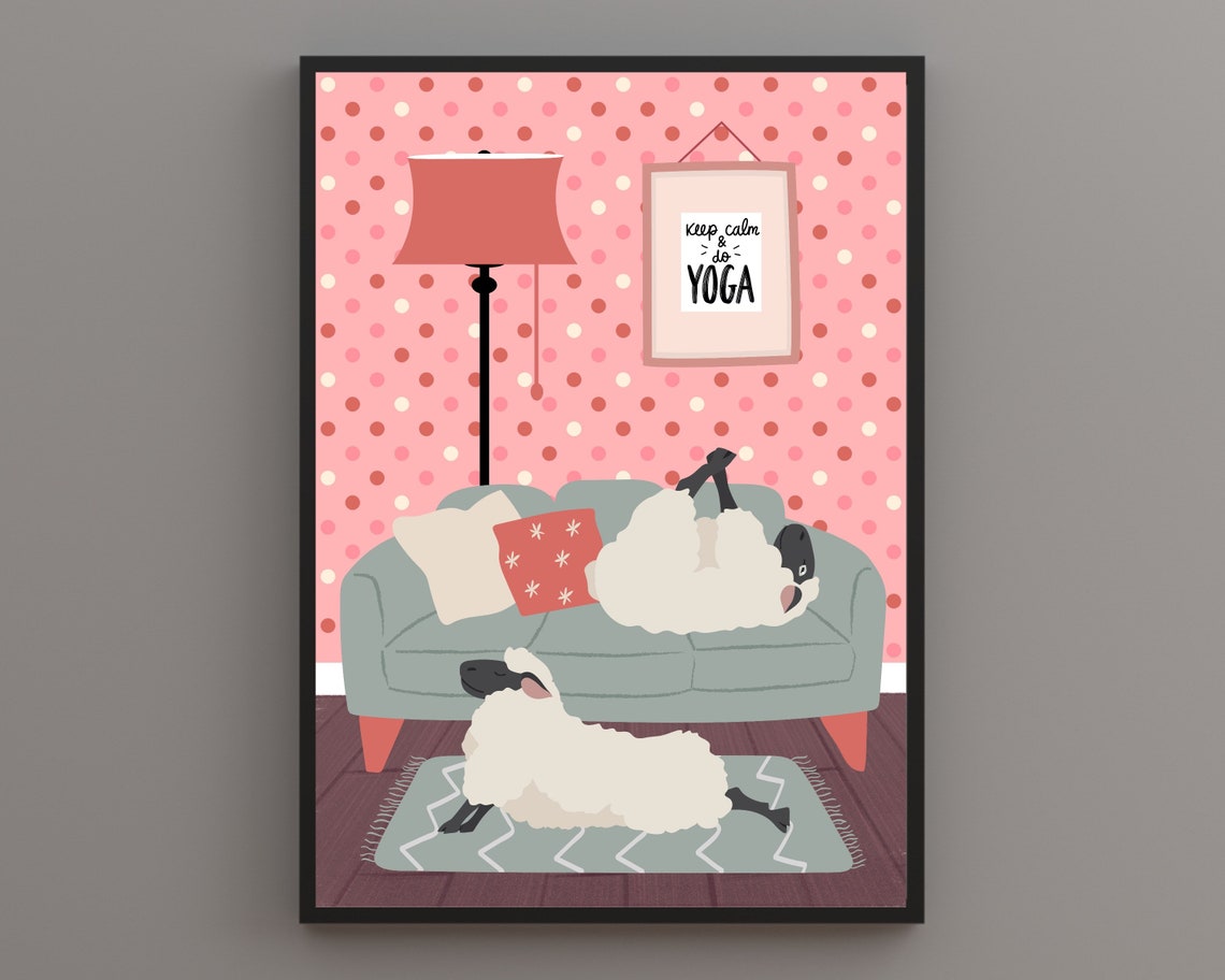 Two Sheep Relaxing by Grey Sofa Funny Polka Dot Yoga Animal Poster