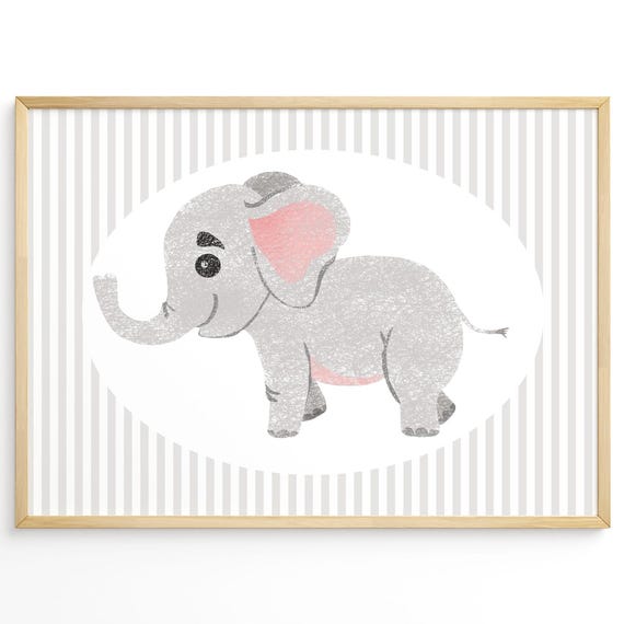 Elephant Nursery Wall Art Cute Safari Animal Baby Room Poster Gender Neutral Jungle Kids Decor Print