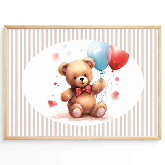 Blue Stripes Baby Room Dcor Teddy Bear Nursery Wall Art Cute Animal Kids Poster Gender Neutral Artwork