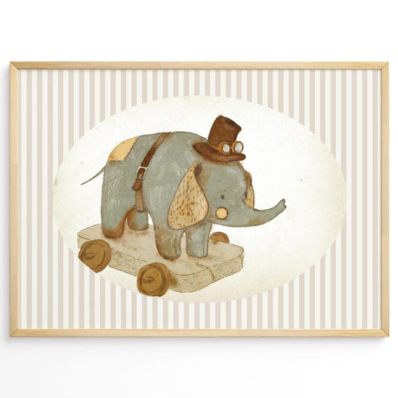Vintage Elephant Poster, Steampunk Nursery Decor