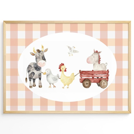 Farm Animals Nursery Poster Cow Duck Chicken Wagon Gingham Baby Decor