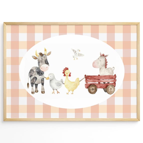 Gingham Farm Animal Nursery Wall Art Baby Room Rustic Farmhouse Kids Decor Cow Horse Chicken Duck Poster