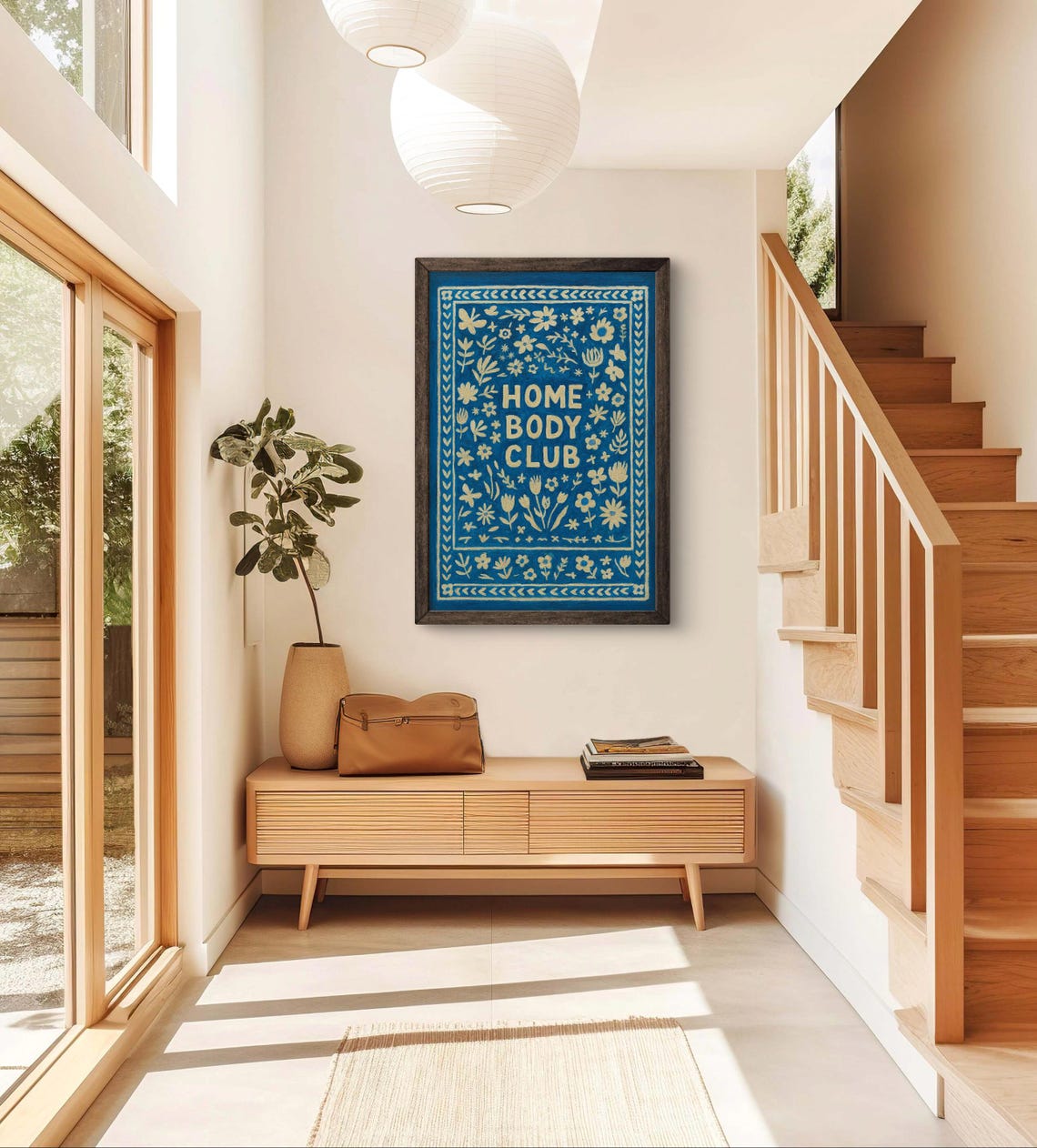 Home Body Club Blue Floral Folk Art Cozy Quote Typography Poster
