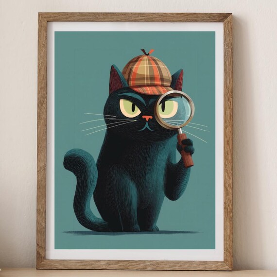 Black Cat Detective Deerstalker Magnifying Glass Funny Poster