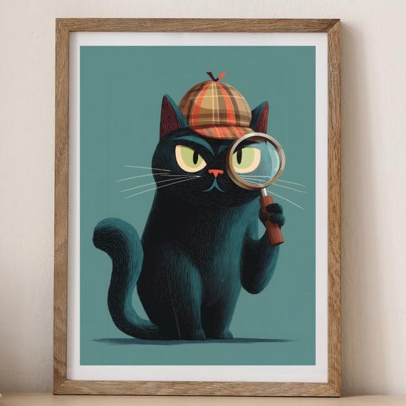 Detective Cat Print Funny Vintage Black Art