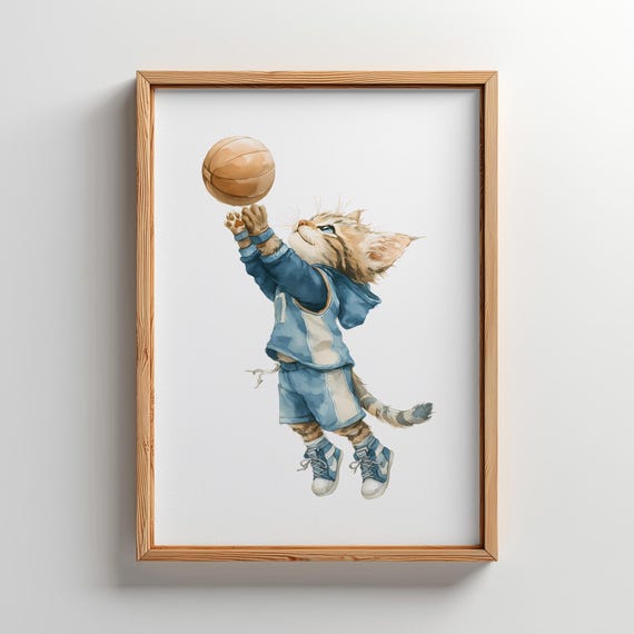 Basketball Kitten Watercolor Art For Boys Room 6 Sizes Included