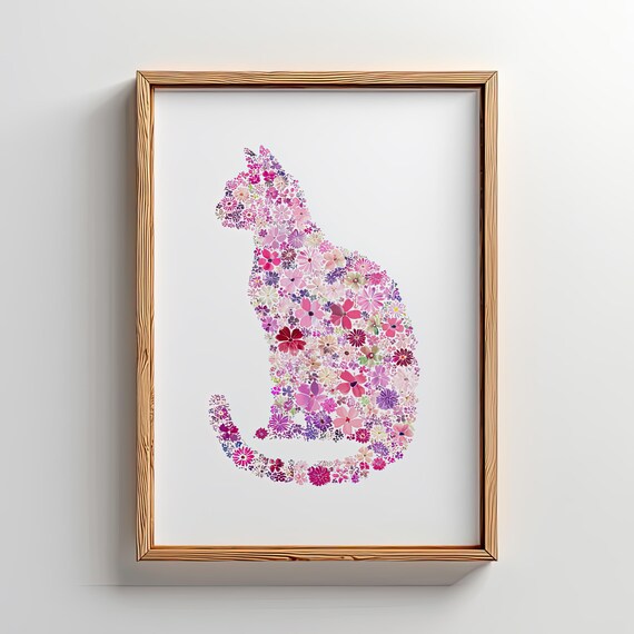 Sitting Cat Silhouette Made of Pink Flowers Floral Art Poster