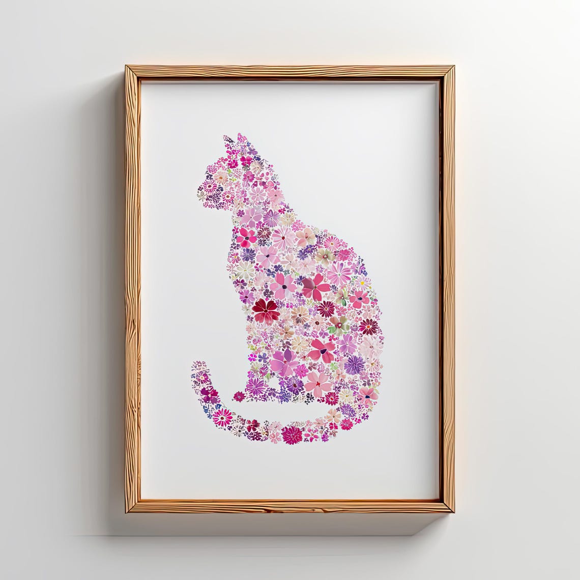 Sitting Cat Silhouette Made of Pink Flowers Floral Art Poster
