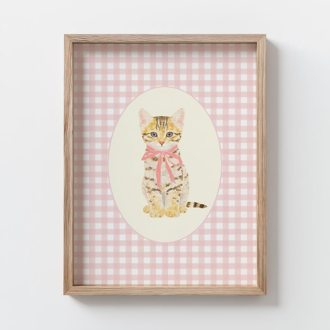 Tabby Kitten With Pink Bow On Pink Gingham Oval Nursery Wall Art