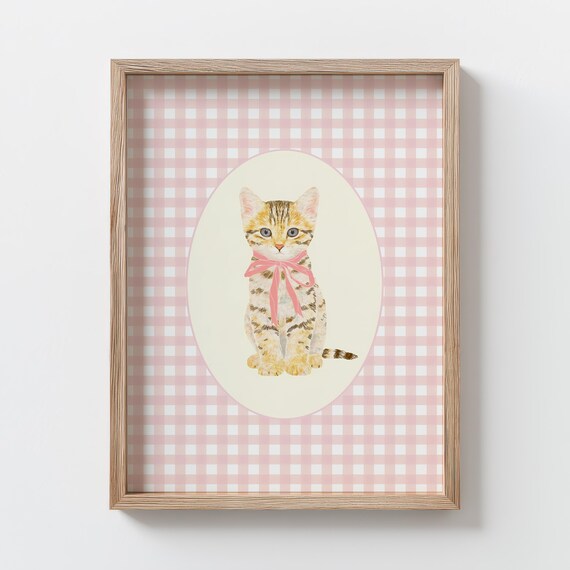 Tabby Kitten With Pink Bow On Pink Gingham Oval Nursery Wall Art