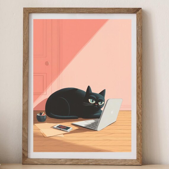 Black Cat With Laptop Whimsical Poster For Work From Home Desk Decor