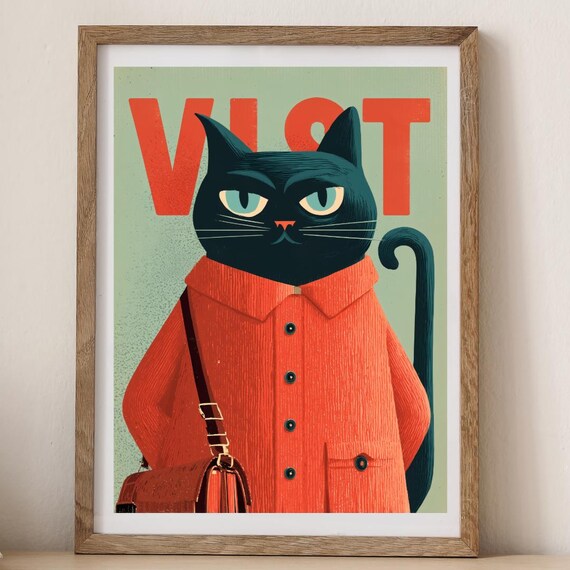 Black Cat In Orange Coat With Satchel Retro Visit Travel Poster