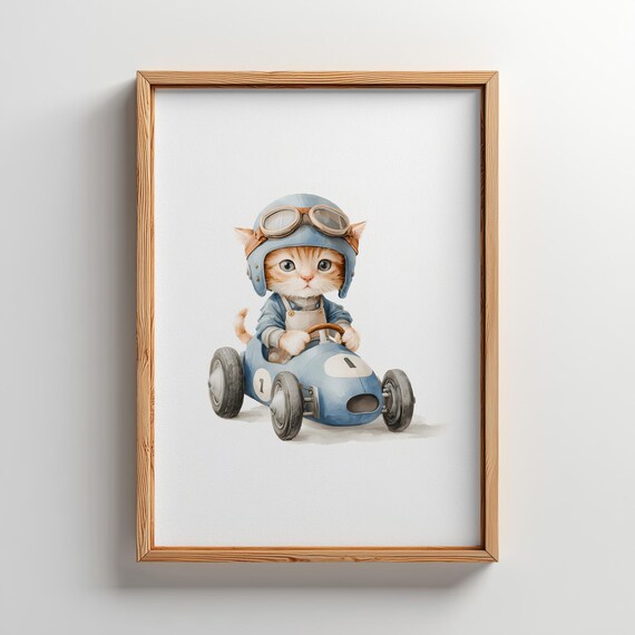 Racing Kitten in Vintage Blue Race Car Watercolor Kids Poster