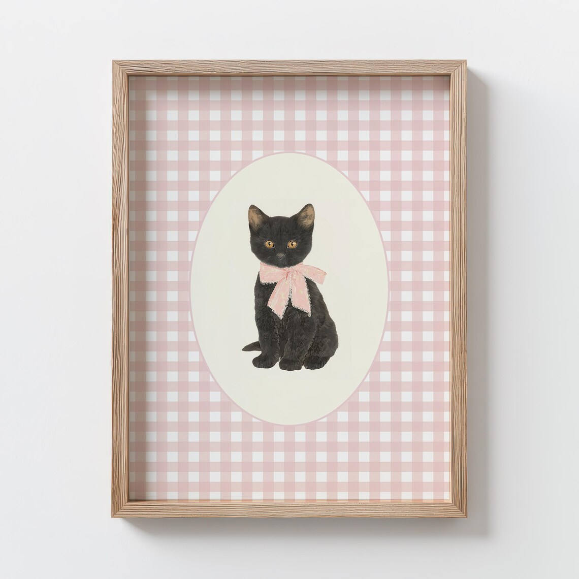 Black Kitten Pink Gingham Nursery Art Print