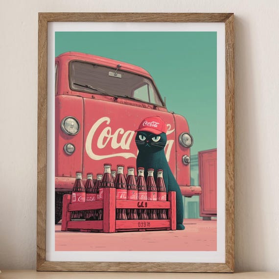Black Cat Cocacola Delivery Art Funny Vintage Print